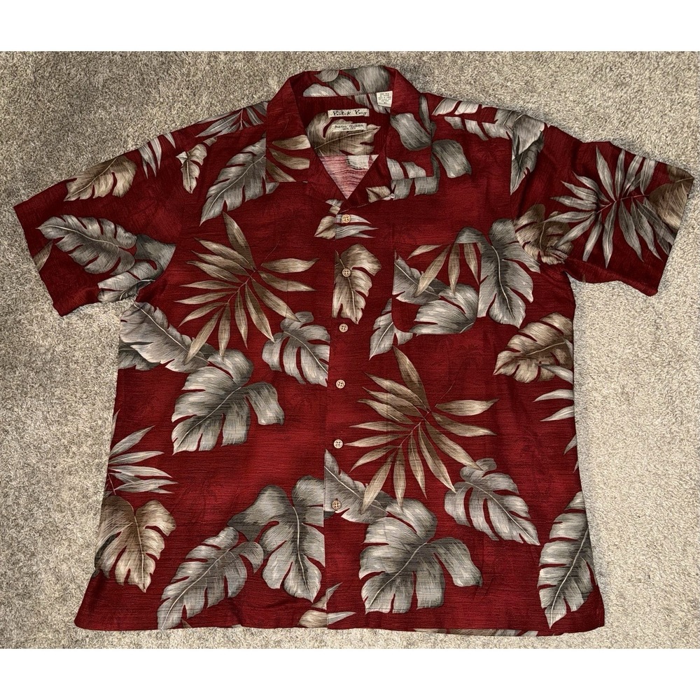 Batik Bay 100% Silk Hawaiian Shirt Men's XL Red Tropical Leaf Camp Aloha Pocket